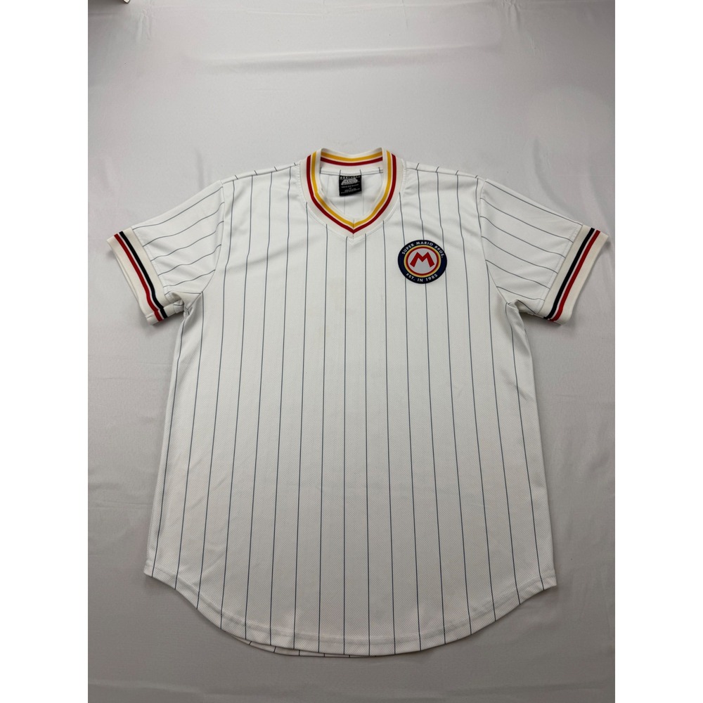 BoxLunch Super Mario Bros Jersey Mens Size M White Pinstripe V-Neck Mesh Shirt